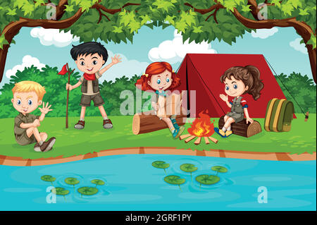 Boy and girl scout camping in nature illustration Stock Vector Image ...