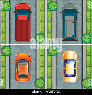 Trucks and cars parking on the road Stock Vector