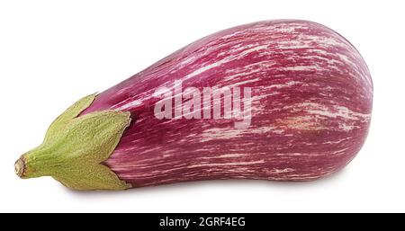 Ripe raw purple eggplant graffiti isolated on white background. Clipping Path. Full depth of field. Stock Photo