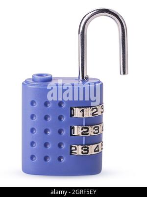 Сombination lock blue opened isolated on white background. Clipping Path. Full depth of field. Stock Photo
