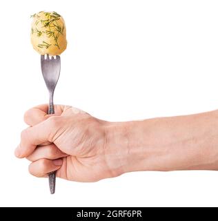 Hand holds a fork on which the young boiled potatoes in dill isolated on white background. Clipping Path. Full depth of field. Stock Photo