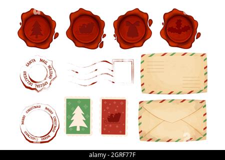 Christmas letter stamps ans postmark set with envelope, wax seal in cartoon style isolated on white background. Grunge red wax decorations, retro, vin Stock Vector