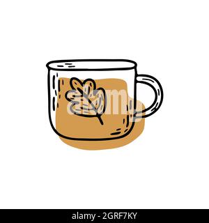 Cute line cup of tea or coffee with leaf. Brown shape behind. Doodle vector isolated illustration on white background Stock Vector