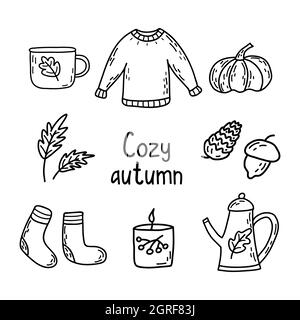 Cozy autumn. Set of fall things. Cup of tea or coffee, acorn and pine cone, leaves, candle and sweater, teapot and warm socks, pumpkin. Doodle black a Stock Vector
