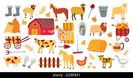 Farm elements set. Colorful vector isolated illustration hand drawn. Harvest season. Rubber boots, bucket and milk can, haystack and cart, farm animal Stock Vector