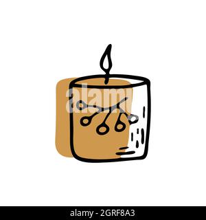 Candle in a candlestick with a rowan branch burns, brown color shape behind. Doodle vector illustration. Outline icon. Autumn or winter mood Stock Vector