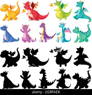 Different color of dragon in color and silhouette in cartoon character on white background Stock Vector