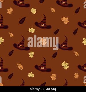 Seamless pattern with witch hats and autumn leaves. Halloween illustration. Brown background. Vector cartoon wrapping or print for fabric Stock Vector