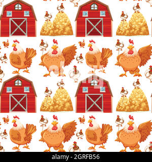 Seamless background with barn and chickens Stock Vector