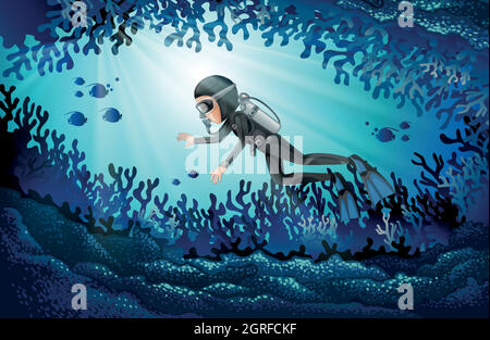 Scuba diving in deep ocean Stock Vector