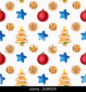 Seamless New Year's pattern from Christmas tree toy in form of spruce tree made of cookies, red balls, blue stars, golden cones on white background. A Stock Photo