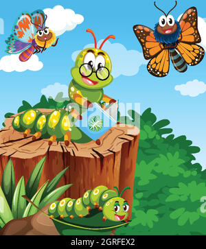 Butterflies and worm reading book are living in the garden scene at daytime Stock Vector