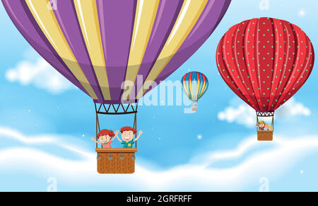 Children riding hot air balloon Stock Vector