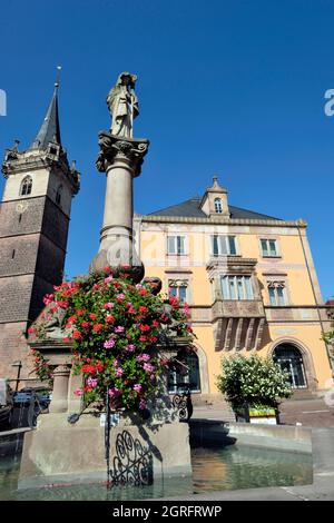 France, Bas Rhin, Obernai, Place du Marche, town hall, Sainte Odile fountain, felfry Stock Photo
