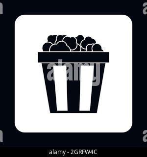 Popcorn in striped bucket icon, simple style Stock Vector
