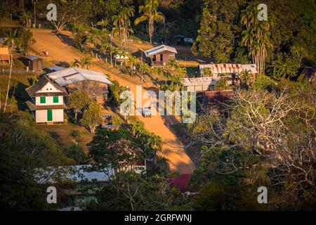 France, French Guiana, Saül, Parc Amazonien de Guyane, bird's eye view of the village of Saül from the observatory located at the top of the Belvédère trail Stock Photo