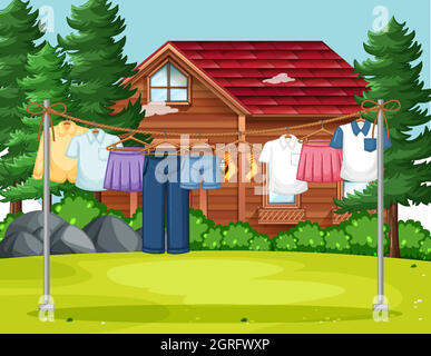 Clothes drying and hanging outdoor background Stock Vector