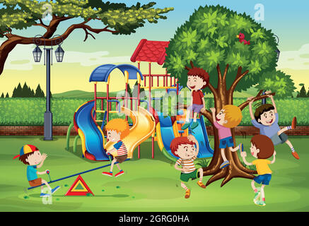 Many children playing in the park Stock Vector
