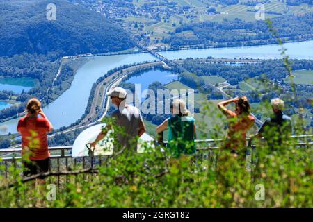 France, Ain, Culoz, Le Rhone river, tourists on the Grand Colombier, belvedere Stock Photo