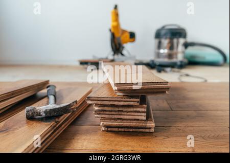 Solid oak wood flooring Stock Photo