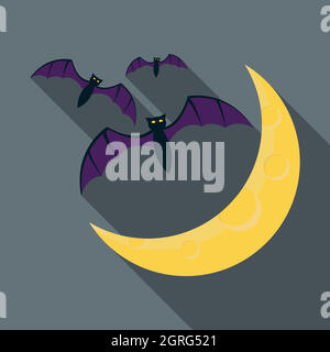 Bats and moon icon, flat style Stock Vector