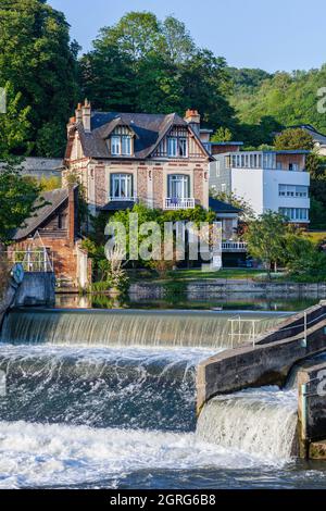 France, Eure, Risle Valley, Pont-Audemer, labeled the Most Beautiful Detours of France, nicknamed the Little Venice of Normandy, regulating lock of the Risle course and fishway