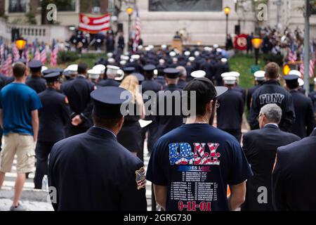 United States, New-York, Firemen Monument, Riverside Drive, 9-11 attacks, remembrance, commemoration, tribute to the deads Stock Photo