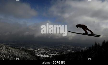 ***FILE PHOTO*** A competitor jumps during the official ski jump training during the FIS Nordic World Ski Championships in Liberec, Czech Republic, on Wednesday, Feb. 25, 2009. Stock Photo