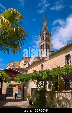 France, Gironde, Saint Emilion, listed as World Heritage by UNESCO, the 11th century monolithic church seen from the Court of Arts Stock Photo