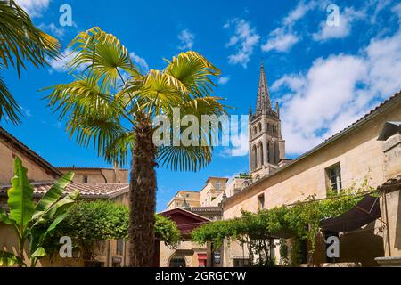France, Gironde, Saint Emilion, listed as World Heritage by UNESCO, the 11th century monolithic church seen from the Court of Arts Stock Photo
