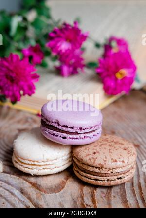 macarons background red flowers and books, on a wooden table. Vertical frame. Aesthetics with macaroons and flowers. Beautiful cakes on a wooden table Stock Photo
