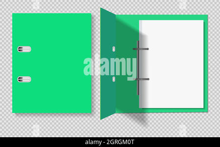 Realistic green folder for papers. Closed and open with a sheet of papers, on a transparent background. EPS 10 Stock Vector