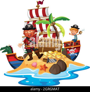 Pirate and ship at treasure island Stock Vector