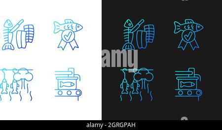 Fish products preparation gradient icons set for dark and light mode Stock Vector
