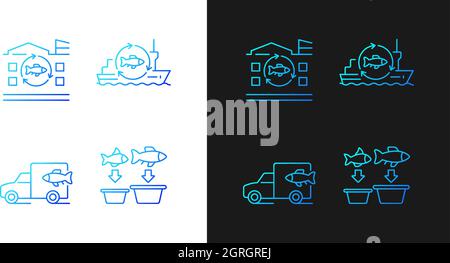 Fish processing and transportation gradient icons set for dark and light mode Stock Vector
