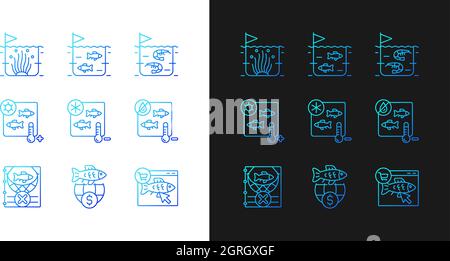 Fish product farming and storing gradient icons set for dark and light mode Stock Vector