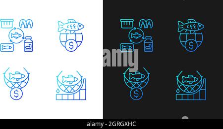 Fish product producing and trade gradient icons set for dark and light mode Stock Vector