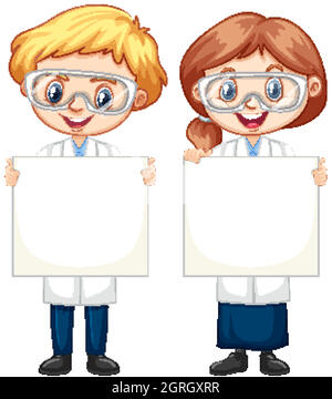 Illustration of a girl and a boy holding an empty signage on a white ...