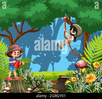 Scene with two girls having fun in the woods Stock Vector