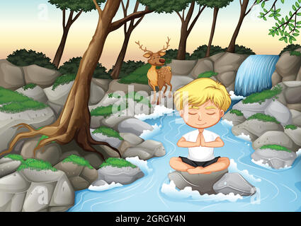 A boy meditate in nature Stock Vector