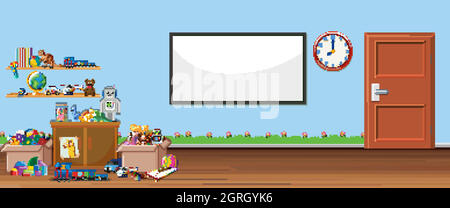 Background scene with whiteboard and toys Stock Vector
