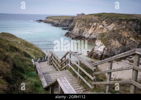 Wooden stairs to go down to the beach in Ferrol,Galicia,Spain Stock Photo