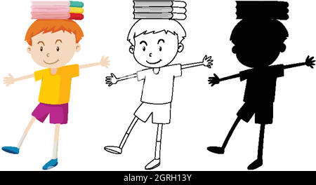 Boy balancing books on his head in color and outline and silhouette Stock Vector