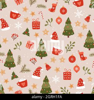 Cute hand drawn Christmas seamless pattern, lovely doodles, festive background - great for textiles, banners, wallpapers, wrapping - vector design Stock Vector
