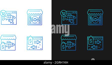 Seafood product selling gradient icons set for dark and light mode Stock Vector