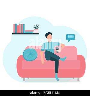 A man with a phone in his hands sits on the couch and sends a message. Stock Vector