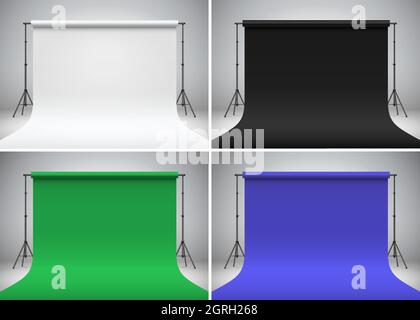 Chroma key shooting setup standing on a grey background. Set of different color studio backdrops for photo and video shooting, realistic vector illustration. Stock Vector