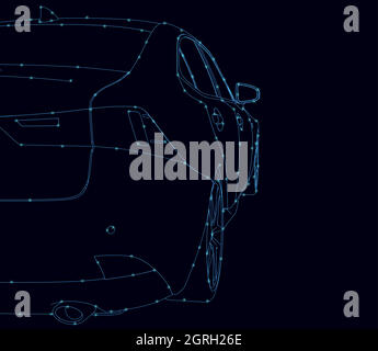 The contour of a modern car made of blue lines on a dark background with glowing lights. Back view. Vector illustration. Stock Vector