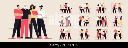 Collection of flat style vector illustrations depicting business people teamwork. Editable stroke Stock Vector