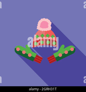 Winter cap and mittens icon, flat style Stock Vector